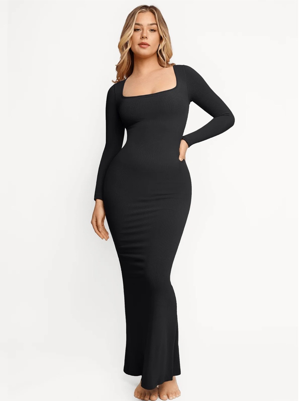 Popilush Shapewear Square Neck Long Sleeve Slimming Modal Maxi
Dress